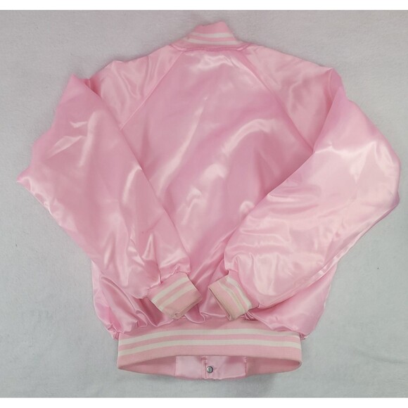 Vintage Pink Satin Bomber Jacket Retro 80's Style Unisex Made In USA Size Medium - Picture 2 of 12